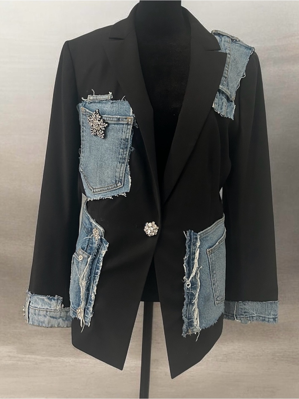 Black Blazer with Denim Patchwork and Crystal Brooches